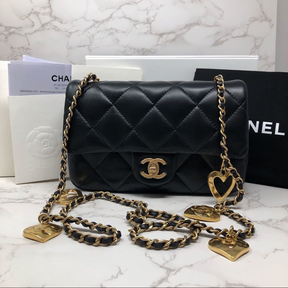 CHANEL Black Lambskin Quilted Heart Charms Rectangular Mini Classic Flap 2022